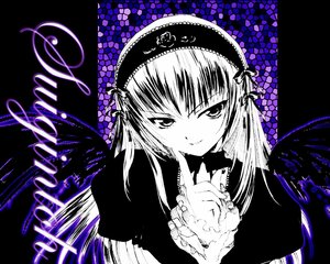 Rating: Safe Score: 0 Tags: 1girl black_wings closed_mouth dress feathered_wings flower frills hairband image long_hair long_sleeves looking_at_viewer monochrome smile solo suigintou upper_body wings User: admin