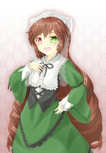 Rating: Safe Score: 0 Tags: 1girl brown_hair dress frills green_dress green_eyes heterochromia image long_hair long_sleeves looking_at_viewer open_mouth red_eyes ribbon smile solo suiseiseki very_long_hair User: admin