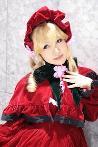 Rating: Safe Score: 0 Tags: 1girl bangs blonde_hair blue_eyes bonnet dress flower hat lace lips long_sleeves looking_at_viewer realistic red_capelet red_dress shinku solo upper_body User: admin