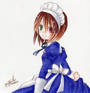 Rating: Safe Score: 0 Tags: 1girl apron blue_dress blush bow brown_hair closed_mouth cowboy_shot dress frills green_eyes heterochromia image long_sleeves looking_at_viewer maid red_eyes simple_background solo souseiseki white_background User: admin
