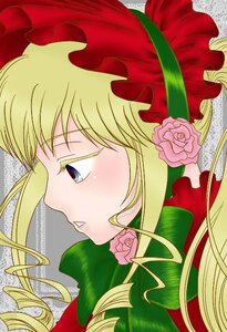 Rating: Safe Score: 0 Tags: 1girl blonde_hair blue_eyes blush bow drill_hair flower hat image long_hair parted_lips pink_flower pink_rose portrait profile rose shinku simple_background solo User: admin