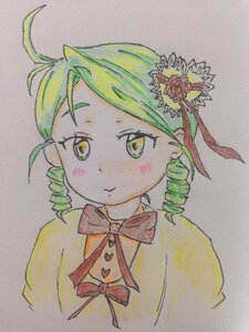 Rating: Safe Score: 0 Tags: 1girl bowtie drill_hair flower graphite_(medium) green_eyes green_hair hair_flower hair_ornament image kanaria looking_at_viewer neck_ribbon photo ribbon rose simple_background smile solo traditional_media twin_drills upper_body watercolor_(medium) User: admin