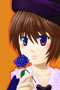 Rating: Safe Score: 0 Tags: 1girl blue_flower blue_rose blush bow bowtie brown_hair flower hat heterochromia holding holding_flower image looking_at_viewer orange_background red_eyes rose short_hair simple_background solo souseiseki User: admin