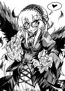 Rating: Safe Score: 0 Tags: 1girl adjusting_eyewear blush commentary_request dress face flower frilled_sleeves frills glasses gothic_lolita greyscale grin hairband heart image lolita_fashion lolita_hairband long_hair long_sleeves looking_at_viewer monochrome naui_kudan rozen_maiden smile solo spoken_heart suigintou traditional_media wings User: admin