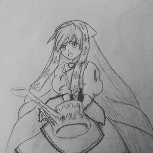 Rating: Safe Score: 0 Tags: 1girl dress frills greyscale image long_hair long_sleeves monochrome open_mouth solo suiseiseki traditional_media veil User: admin