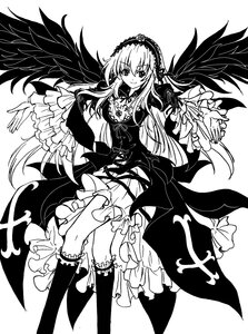 Rating: Safe Score: 0 Tags: 1girl boots dress frilled_sleeves frills greyscale hairband image long_hair long_sleeves looking_at_viewer monochrome smile solo suigintou very_long_hair white_background wings User: admin