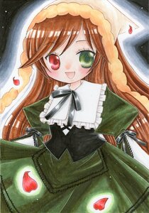 Rating: Safe Score: 0 Tags: 1girl :d brown_hair dress frills green_dress green_eyes hat head_scarf heart heterochromia image long_hair long_sleeves looking_at_viewer marker_(medium) open_mouth petals red_eyes smile solo suiseiseki traditional_media very_long_hair watercolor_(medium) User: admin