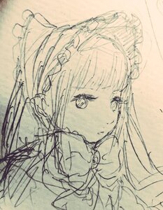 Rating: Safe Score: 0 Tags: 1girl bangs closed_mouth eyebrows_visible_through_hair flower frilled_hairband hairband image long_hair looking_at_viewer monochrome shinku simple_background sketch solo traditional_media User: admin