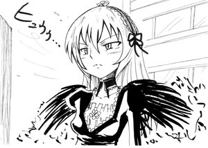 Rating: Safe Score: 0 Tags: 1girl blush breasts closed_mouth dress greyscale hairband image lolita_hairband long_hair monochrome solo suigintou upper_body wings User: admin