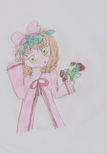 Rating: Safe Score: 0 Tags: 1girl bow dress flower green_eyes grey_background hair_bow hinaichigo image leaf long_sleeves pink_bow simple_background sleeves_past_wrists solo traditional_media tulip User: admin