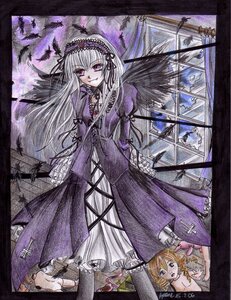 Rating: Safe Score: 0 Tags: black_wings dress feathers frills hairband image long_hair long_sleeves looking_at_viewer multiple_girls pink_eyes solo suigintou traditional_media wings User: admin