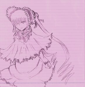 Rating: Safe Score: 0 Tags: 1girl bow bowtie dress hairband image long_hair long_sleeves looking_at_viewer monochrome pink_theme shinku sketch smile solo standing User: admin