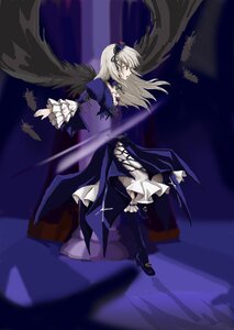 Rating: Safe Score: 0 Tags: 1girl black_wings dress frills hairband image long_hair long_sleeves ribbon silver_hair solo suigintou thighhighs wings User: admin