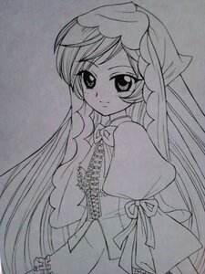 Rating: Safe Score: 0 Tags: 1girl bow dress greyscale image long_hair looking_at_viewer monochrome puffy_short_sleeves puffy_sleeves ribbon short_sleeves smile solo suiseiseki traditional_media very_long_hair User: admin