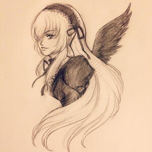 Rating: Safe Score: 0 Tags: 1girl auto_tagged dress frills graphite_(medium) hairband image long_hair long_sleeves looking_at_viewer monochrome simple_background smile solo suigintou traditional_media upper_body wings User: admin