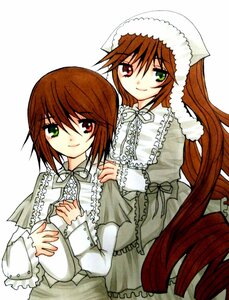 Rating: Safe Score: 0 Tags: 2girls brown_hair dress frills green_dress green_eyes head_scarf heterochromia image long_hair long_sleeves looking_at_viewer multiple_girls pair red_eyes siblings simple_background sisters smile souseiseki suiseiseki twins very_long_hair white_background User: admin