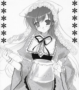 Rating: Safe Score: 0 Tags: 1girl blush capelet dress frills greyscale image long_hair long_sleeves looking_at_viewer monochrome smile solo suiseiseki very_long_hair User: admin