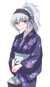 Rating: Safe Score: 0 Tags: 1girl alternate_hairstyle blush floral_print flower hairband image japanese_clothes kimono long_sleeves looking_at_viewer red_eyes rose silver_hair simple_background smile solo suigintou white_background User: admin