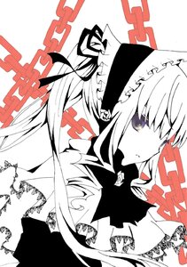 Rating: Safe Score: 0 Tags: 1girl broken_chain chain chained collar cuffs frown hairband handcuffs image lock lolita_fashion lolita_hairband long_hair looking_at_viewer monochrome shinku solo torn_clothes upper_body white_background User: admin
