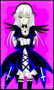 Rating: Safe Score: 0 Tags: 1girl black_dress black_wings detached_collar dress frills full_body hairband image lolita_hairband long_hair long_sleeves looking_at_viewer one_eye_closed pink_eyes silver_hair simple_background solo standing suigintou wings User: admin