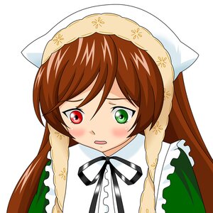 Rating: Safe Score: 0 Tags: 1girl blush braid brown_hair dress green_eyes head_scarf heterochromia image long_hair object_on_head red_eyes ribbon simple_background solo suiseiseki underwear white_background User: admin