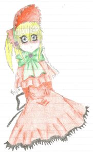 Rating: Safe Score: 0 Tags: 1girl auto_tagged blonde_hair bonnet bow bowtie capelet dress green_bow green_neckwear image long_sleeves looking_at_viewer shinku simple_background solo standing white_background User: admin