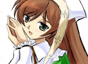 Rating: Safe Score: 0 Tags: 1girl :d brown_hair dress eyebrows_visible_through_hair frills green_eyes hat image long_hair long_sleeves looking_at_viewer open_mouth own_hands_together simple_background smile solo suiseiseki white_background User: admin
