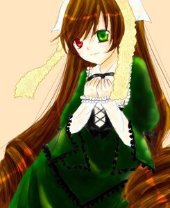 Rating: Safe Score: 0 Tags: 1girl brown_hair dress frills green_dress green_eyes head_scarf heterochromia image long_hair long_sleeves looking_at_viewer red_eyes simple_background smile solo suiseiseki very_long_hair User: admin