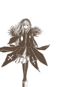 Rating: Safe Score: 0 Tags: 1girl dress full_body greyscale hairband image long_hair long_sleeves looking_at_viewer monochrome solo standing striped suigintou white_background wings User: admin