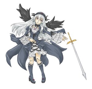 Rating: Safe Score: 0 Tags: 1girl black_wings boots dress flower frilled_sleeves frills hairband image knee_boots long_hair long_sleeves pink_eyes rose silver_hair solo standing suigintou weapon white_background wings User: admin