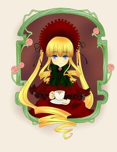 Rating: Safe Score: 0 Tags: 1girl blonde_hair blue_eyes bonnet bow bowtie cup dress flower green_bow image long_hair looking_at_viewer pink_flower pink_rose rose saucer shinku sitting solo tea teacup User: admin