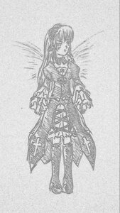 Rating: Safe Score: 0 Tags: 1girl boots dress full_body greyscale image long_hair long_sleeves monochrome sketch solo standing suigintou thigh_boots thighhighs traditional_media User: admin
