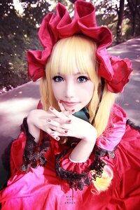 Rating: Safe Score: 0 Tags: 1girl bangs blonde_hair blue_eyes blunt_bangs dress flower hands_together hat lips looking_at_viewer nail_polish own_hands_together shinku smile solo User: admin