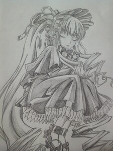 Rating: Safe Score: 0 Tags: 1girl bow closed_eyes dress frills graphite_(medium) greyscale image long_hair monochrome shinku shoes solo traditional_media very_long_hair User: admin