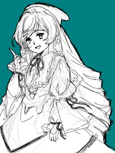 Rating: Safe Score: 0 Tags: 1girl :d aqua_theme bangs blush dress eyebrows_visible_through_hair hand_up image index_finger_raised long_hair long_sleeves looking_at_viewer monochrome neck_ribbon open_mouth ribbon simple_background sketch smile solo suiseiseki transparent_background User: admin
