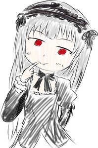 Rating: Safe Score: 0 Tags: 1girl bangs blush closed_mouth dress finger_to_mouth hairband image juliet_sleeves lolita_hairband long_hair long_sleeves looking_at_viewer puffy_sleeves red_eyes solo striped suigintou upper_body white_background User: admin