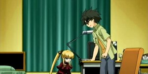 Rating: Safe Score: 0 Tags: 1boy 1girl black_hair blonde_hair glasses hair_ribbon image indoors pants ribbon shinku shirt solo twintails User: admin