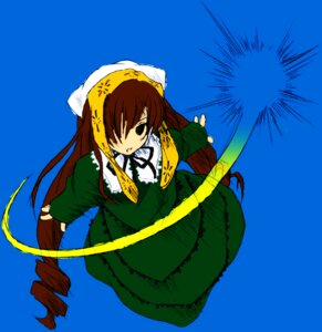 Rating: Safe Score: 0 Tags: 1girl blue_background brown_hair dress drill_hair full_body green_dress green_eyes head_scarf image long_hair long_sleeves simple_background solo suiseiseki very_long_hair User: admin