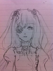 Rating: Safe Score: 0 Tags: 1girl dress eyebrows_visible_through_hair flower hair_flower image kirakishou long_hair long_sleeves looking_at_viewer monochrome puffy_sleeves rose solo traditional_media two_side_up upper_body User: admin