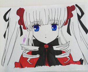 Rating: Safe Score: 0 Tags: 1girl bangs blue_eyes blush eyebrows_visible_through_hair flower image long_hair looking_at_viewer parted_lips ribbon shinku simple_background solo traditional_media User: admin