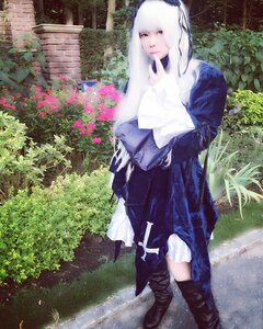 Rating: Safe Score: 0 Tags: 1girl bangs black_footwear blue_dress boots dress flower grass long_hair long_sleeves outdoors solo standing suigintou white_hair User: admin