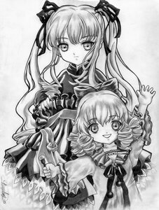 Rating: Safe Score: 0 Tags: 2girls bow dress drill_hair flower greyscale hair_ribbon hinaichigo image long_hair long_sleeves looking_at_viewer monochrome multiple_girls open_mouth pair ribbon rose shinku smile traditional_media twintails User: admin