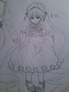 Rating: Safe Score: 0 Tags: 1girl boots dress image long_hair long_sleeves looking_at_viewer monochrome shinku sketch smile solo standing traditional_media very_long_hair User: admin