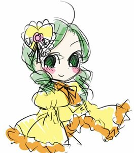 Rating: Safe Score: 0 Tags: 1girl blush dress green_eyes green_hair image kanaria long_hair long_sleeves simple_background smile solo white_background yellow_dress User: admin