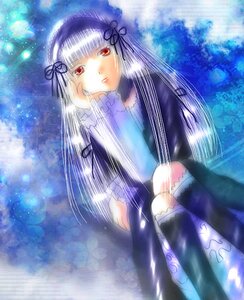 Rating: Safe Score: 0 Tags: 1girl bangs dress frills hairband head_rest image kneehighs long_hair long_sleeves looking_at_viewer red_eyes ribbon silver_hair sitting solo suigintou User: admin