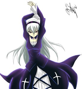 Rating: Safe Score: 0 Tags: 1girl arms_up breasts dress frills hairband image long_hair long_sleeves looking_at_viewer signature solo suigintou very_long_hair white_hair User: admin