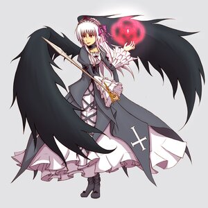 Rating: Safe Score: 0 Tags: 1girl black_wings boots dress flower frilled_sleeves frills full_body hairband image long_hair long_sleeves red_eyes rose silver_hair solo suigintou wings User: admin