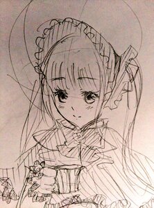 Rating: Safe Score: 0 Tags: 1girl bangs blunt_bangs bonnet bow bowtie dress frills image long_hair looking_at_viewer monochrome shinku sketch smile solo traditional_media umbrella upper_body User: admin