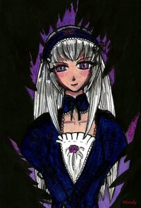 Rating: Safe Score: 0 Tags: 1girl auto_tagged black_background blush detached_collar dress frills hairband image lolita_hairband long_hair long_sleeves looking_at_viewer purple_eyes silver_hair simple_background smile solo suigintou upper_body wings User: admin