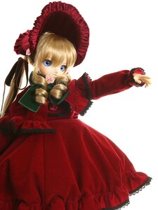 Rating: Safe Score: 0 Tags: 1girl blonde_hair blue_eyes bonnet bow doll dress drill_hair flower frills long_sleeves looking_at_viewer outstretched_arm red_dress rose shinku simple_background sitting solo white_background User: admin